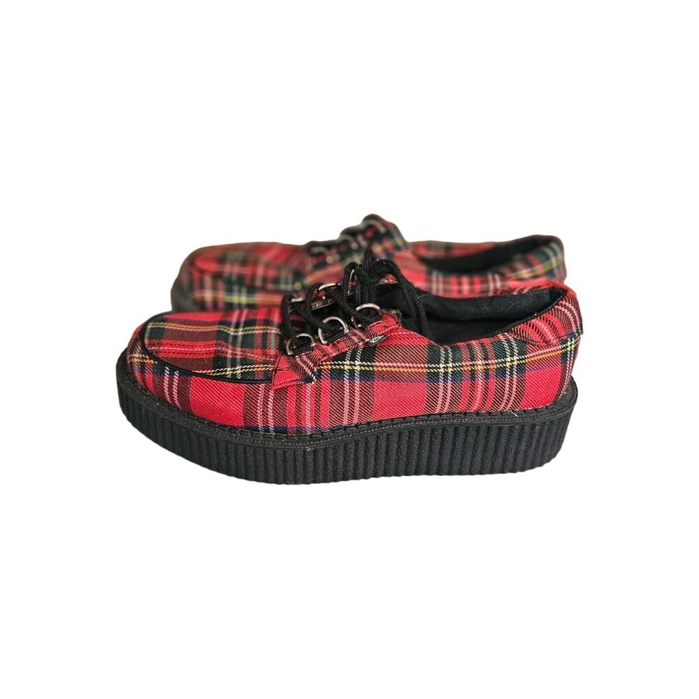 TUK‎ RED TARTAN ANARCHIC CREEPER Plaid Gothic Punk Vegan Size 7W 5M